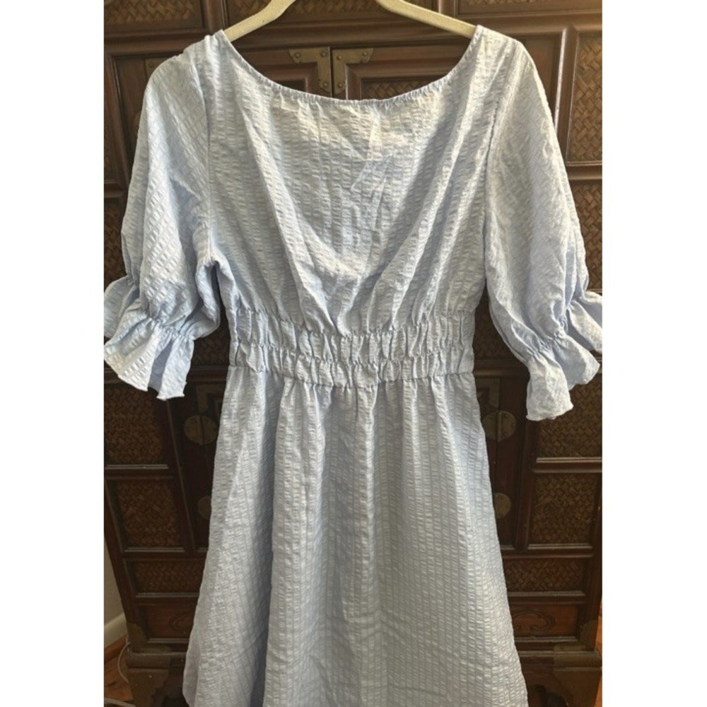 VTG Peasant Blue Prairie Dress Long Maxi Short Sleeve Embroidered Size M/L - Picture 7 of 16